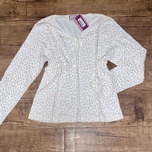 NWT Cotton pointelle rosette lace front long sleeve top